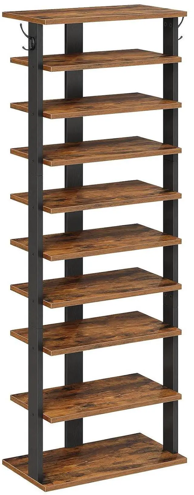 Main image of 10 Tiers Vertical Shoe Rack, Wooden Shoe Storage Organizer with Hooks, Narrow Shoe Tower for 20 Pairs, Space Saving, for Entryway, Living Room, Bedroom, Rustic Brown FG140XJ01