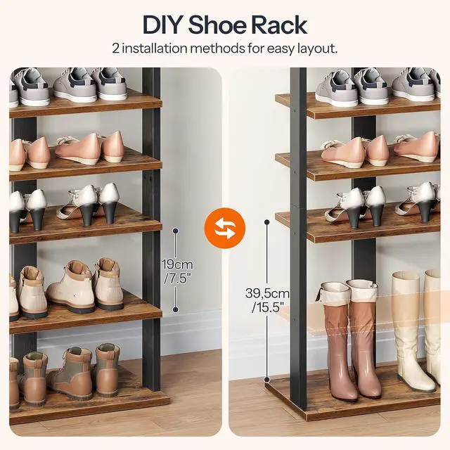 Alt view image 2 of 7 - 10 Tiers Vertical Shoe Rack, Wooden Shoe Storage Organizer with Hooks, Narrow Shoe Tower for 20 Pairs, Space Saving, for Entryway, Living Room, Bedroom, Rustic Brown FG140XJ01