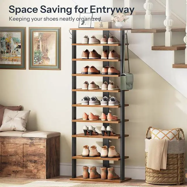 Alt view image 3 of 7 - 10 Tiers Vertical Shoe Rack, Wooden Shoe Storage Organizer with Hooks, Narrow Shoe Tower for 20 Pairs, Space Saving, for Entryway, Living Room, Bedroom, Rustic Brown FG140XJ01