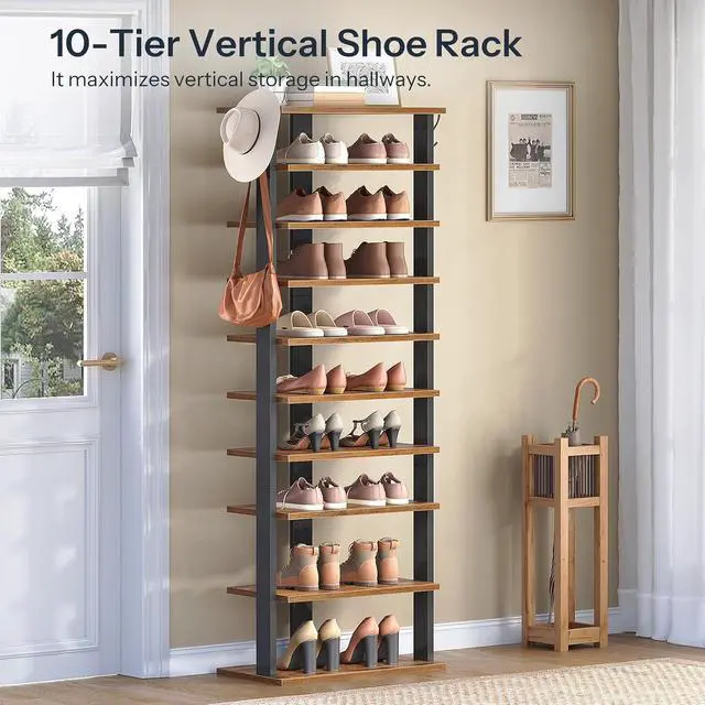 Alt view image 4 of 7 - 10 Tiers Vertical Shoe Rack, Wooden Shoe Storage Organizer with Hooks, Narrow Shoe Tower for 20 Pairs, Space Saving, for Entryway, Living Room, Bedroom, Rustic Brown FG140XJ01