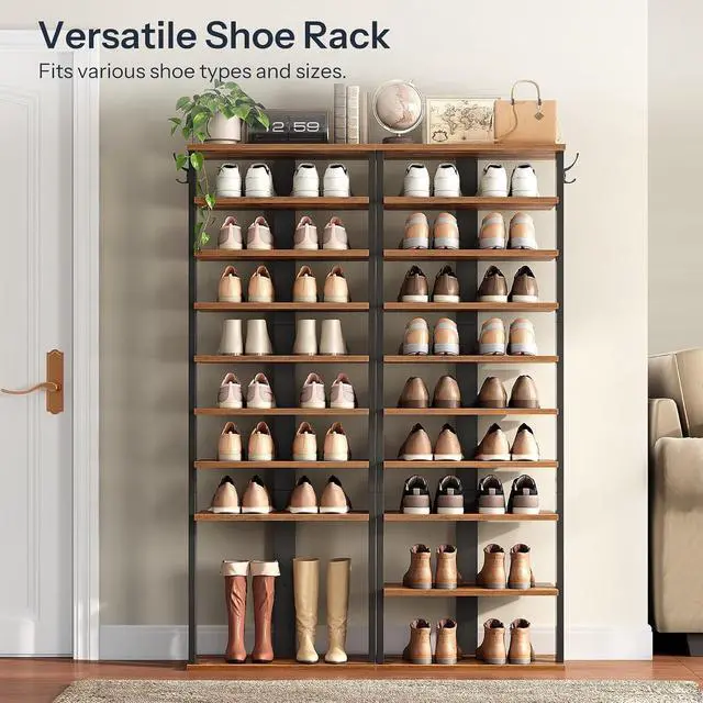 Alt view image 5 of 7 - 10 Tiers Vertical Shoe Rack, Wooden Shoe Storage Organizer with Hooks, Narrow Shoe Tower for 20 Pairs, Space Saving, for Entryway, Living Room, Bedroom, Rustic Brown FG140XJ01