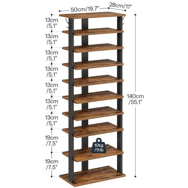 Alt view image 6 of 7 - 10 Tiers Vertical Shoe Rack, Wooden Shoe Storage Organizer with Hooks, Narrow Shoe Tower for 20 Pairs, Space Saving, for Entryway, Living Room, Bedroom, Rustic Brown FG140XJ01