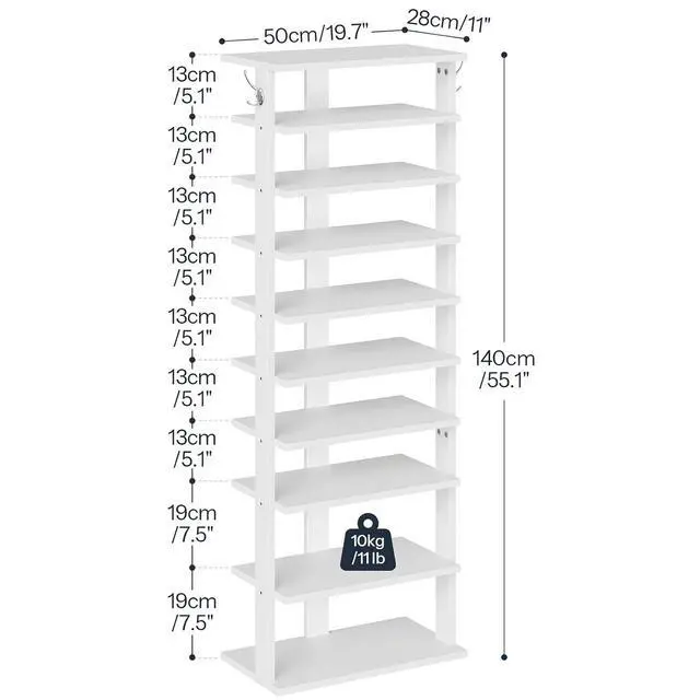 Alt view image 3 of 7 - 10 Tiers Vertical Shoe Rack, Wooden Shoe Storage Organizer with Hooks, Narrow Shoe Tower for 20 Pairs, Space Saving, for Entryway, Living Room, Bedroom, White WT140XJ01