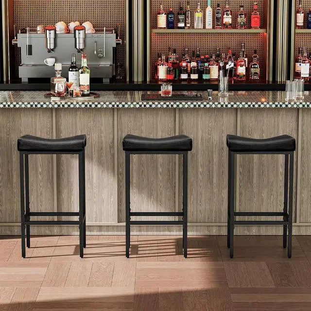 Alt view image 4 of 7 - Bar Stools,Set of 3 Bar Chairs, Counter Height Bar Stools, Saddle Stools, Set of 3 Kitchen Stools, 24.8" Barstools, 2.4" Thick Upholstery, for Kitchen, Dining Room, Cafe, Black BB10BYP301