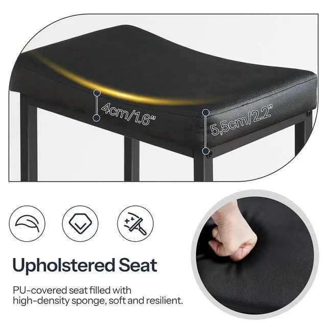 Alt view image 6 of 7 - Bar Stools,Set of 3 Bar Chairs, Counter Height Bar Stools, Saddle Stools, Set of 3 Kitchen Stools, 24.8" Barstools, 2.4" Thick Upholstery, for Kitchen, Dining Room, Cafe, Black BB10BYP301