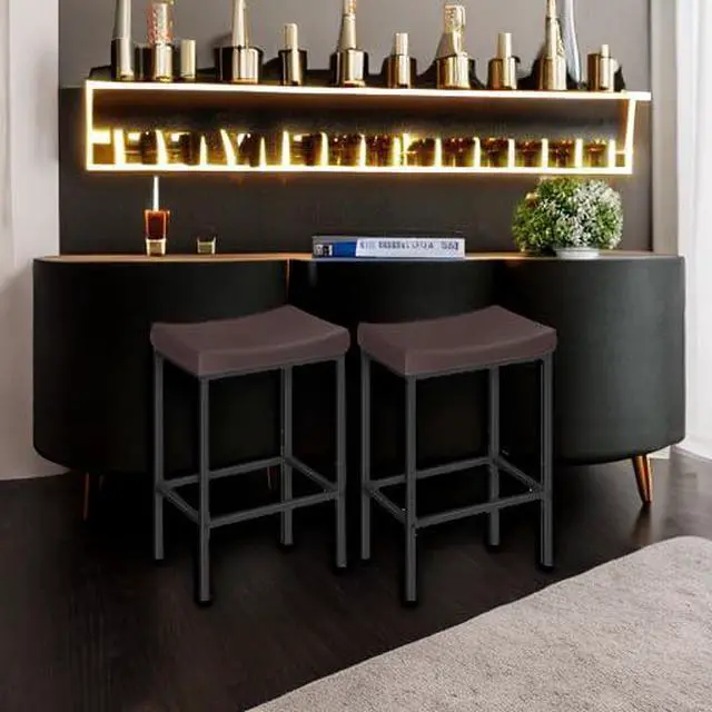 Alt view image 5 of 7 - Bar Chairs, Set of 2 Counter Height Saddle Stools with Curved Surface, 24.8 Inches, 2.4" Thick Upholstery, for Kitchen and Dining Room, Brown and Black BC10BY01