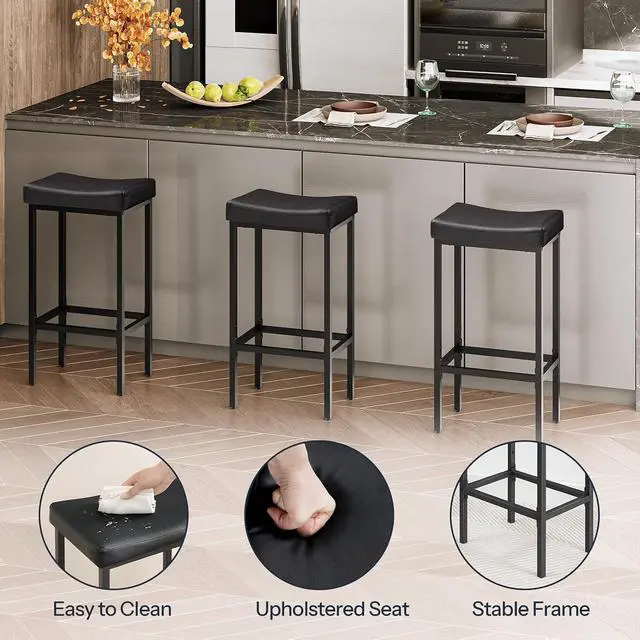 Alt view image 7 of 7 - Bar Stools,Set of 3 Bar Chairs, Counter Height Bar Stools, Saddle Stools, Set of 3 Kitchen Stools, 24.8" Barstools, 2.4" Thick Upholstery, for Kitchen, Dining Room, Cafe, Black BB10BYP301