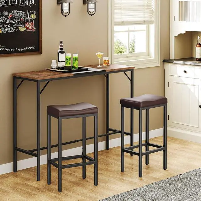 Alt view image 2 of 7 - Bar Chairs, Set of 2 Counter Height Saddle Stools with Curved Surface, 24.8 Inches, 2.4" Thick Upholstery, for Kitchen and Dining Room, Brown and Black BC10BY01