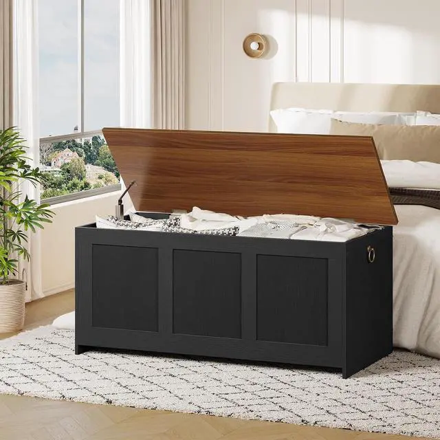 Alt view image 2 of 7 - Storage Bench, 43.3" Retro Wooden Storage Chest, Wooden Storage Trunk, Toy Chest with Lift Top, Multifunctional Entryway Organizer, for Entryway, Living Room, Black and Walnut BH411CW01