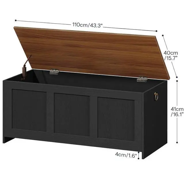 Alt view image 3 of 7 - Storage Bench, 43.3" Retro Wooden Storage Chest, Wooden Storage Trunk, Toy Chest with Lift Top, Multifunctional Entryway Organizer, for Entryway, Living Room, Black and Walnut BH411CW01