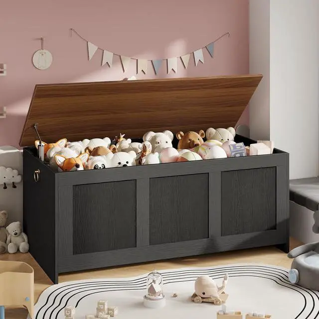 Alt view image 4 of 7 - Storage Bench, 43.3" Retro Wooden Storage Chest, Wooden Storage Trunk, Toy Chest with Lift Top, Multifunctional Entryway Organizer, for Entryway, Living Room, Black and Walnut BH411CW01