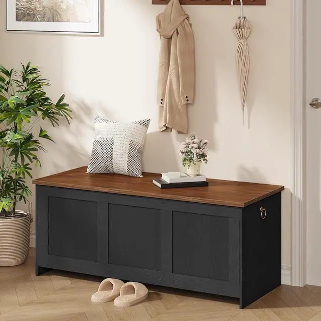 Alt view image 5 of 7 - Storage Bench, 43.3" Retro Wooden Storage Chest, Wooden Storage Trunk, Toy Chest with Lift Top, Multifunctional Entryway Organizer, for Entryway, Living Room, Black and Walnut BH411CW01