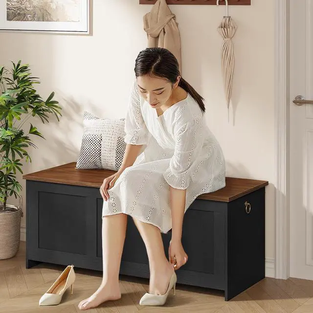 Alt view image 7 of 7 - Storage Bench, 43.3" Retro Wooden Storage Chest, Wooden Storage Trunk, Toy Chest with Lift Top, Multifunctional Entryway Organizer, for Entryway, Living Room, Black and Walnut BH411CW01