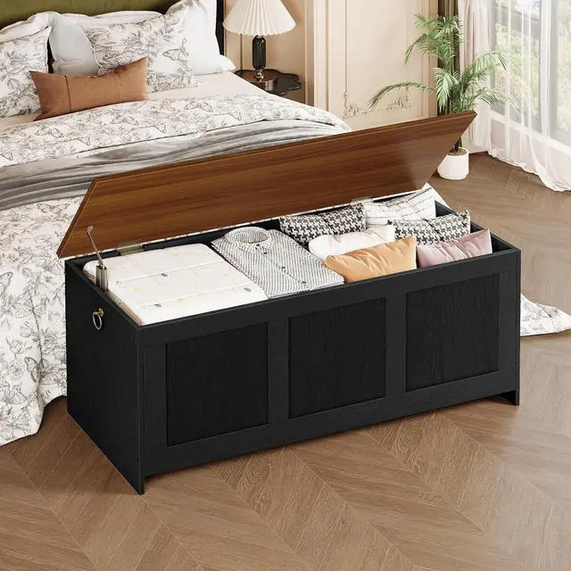 Alt view image 6 of 7 - Storage Bench, 43.3" Retro Wooden Storage Chest, Wooden Storage Trunk, Toy Chest with Lift Top, Multifunctional Entryway Organizer, for Entryway, Living Room, Black and Walnut BH411CW01