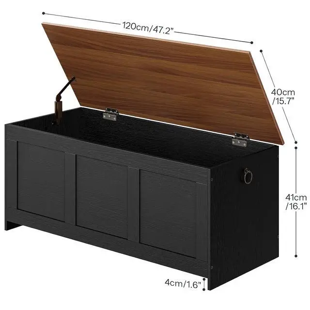 Alt view image 3 of 7 - Storage Bench, 47.2" Retro Wooden Storage Chest, Wooden Storage Trunk, Toy Chest with Lift Top, Multifunctional Entryway Organizer, for Entryway, Living Room, Black and Walnut BH412CW01