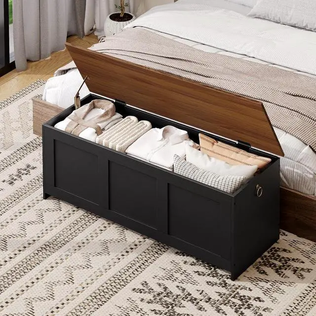 Alt view image 2 of 7 - Storage Bench, 47.2" Retro Wooden Storage Chest, Wooden Storage Trunk, Toy Chest with Lift Top, Multifunctional Entryway Organizer, for Entryway, Living Room, Black and Walnut BH412CW01