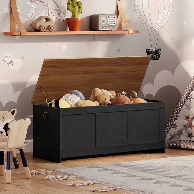 Alt view image 4 of 7 - Storage Bench, 47.2" Retro Wooden Storage Chest, Wooden Storage Trunk, Toy Chest with Lift Top, Multifunctional Entryway Organizer, for Entryway, Living Room, Black and Walnut BH412CW01