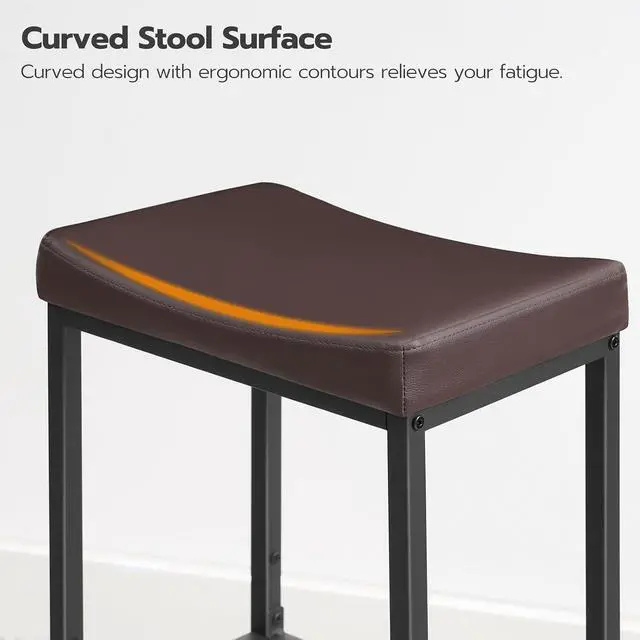 Alt view image 7 of 7 - Bar Chairs, Set of 2 Counter Height Saddle Stools with Curved Surface, 24.8 Inches, 2.4" Thick Upholstery, for Kitchen and Dining Room, Brown and Black BC10BY01