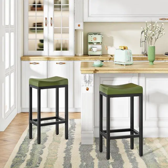 Alt view image 2 of 7 - Bar Stools, Set of 2 Bar Chairs, Counter Height Stools, Saddle Barstools with Curved Surface, 24.8 Inches, 2.4" Thick Upholstery, for Kitchen, Dining Room, Cafe Forest Green and Black JB10BY01
