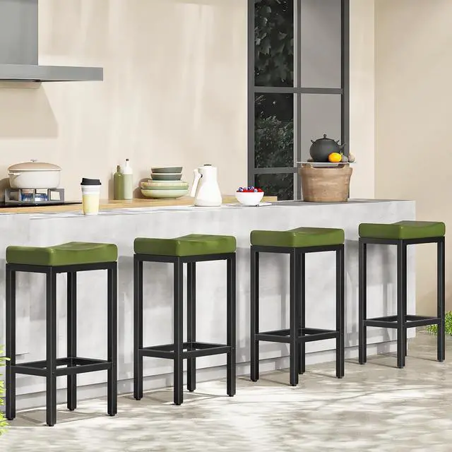 Alt view image 5 of 7 - Bar Stools, Set of 2 Bar Chairs, Counter Height Stools, Saddle Barstools with Curved Surface, 24.8 Inches, 2.4" Thick Upholstery, for Kitchen, Dining Room, Cafe Forest Green and Black JB10BY01