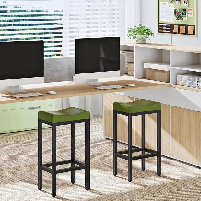 Alt view image 6 of 7 - Bar Stools, Set of 2 Bar Chairs, Counter Height Stools, Saddle Barstools with Curved Surface, 24.8 Inches, 2.4" Thick Upholstery, for Kitchen, Dining Room, Cafe Forest Green and Black JB10BY01