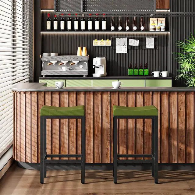 Alt view image 4 of 7 - Bar Stools, Set of 2 Bar Chairs, Counter Height Stools, Saddle Barstools with Curved Surface, 24.8 Inches, 2.4" Thick Upholstery, for Kitchen, Dining Room, Cafe Forest Green and Black JB10BY01