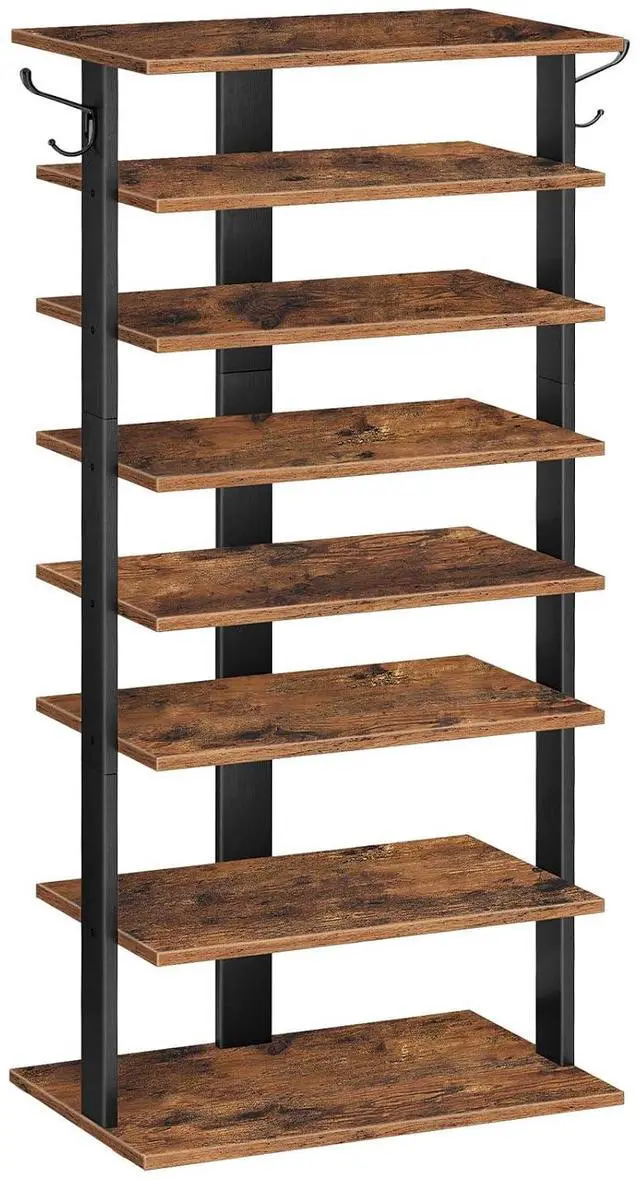 Main image of 8 Tiers Vertical Shoe Rack, Wooden Shoe Storage Organizer with Hooks, Narrow Shoe Tower for 16 Pairs, Space Saving, for Entryway, Living Room, Bedroom, Rustic Brown BF750XJ01