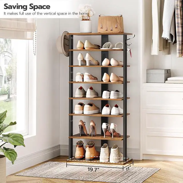 Alt view image 2 of 7 - 8 Tiers Vertical Shoe Rack, Wooden Shoe Storage Organizer with Hooks, Narrow Shoe Tower for 16 Pairs, Space Saving, for Entryway, Living Room, Bedroom, Rustic Brown BF750XJ01