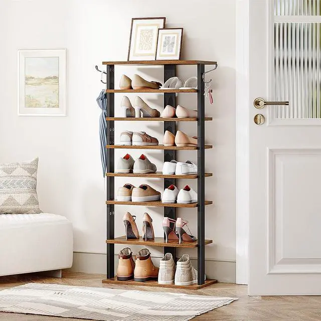 Alt view image 4 of 7 - 8 Tiers Vertical Shoe Rack, Wooden Shoe Storage Organizer with Hooks, Narrow Shoe Tower for 16 Pairs, Space Saving, for Entryway, Living Room, Bedroom, Rustic Brown BF750XJ01