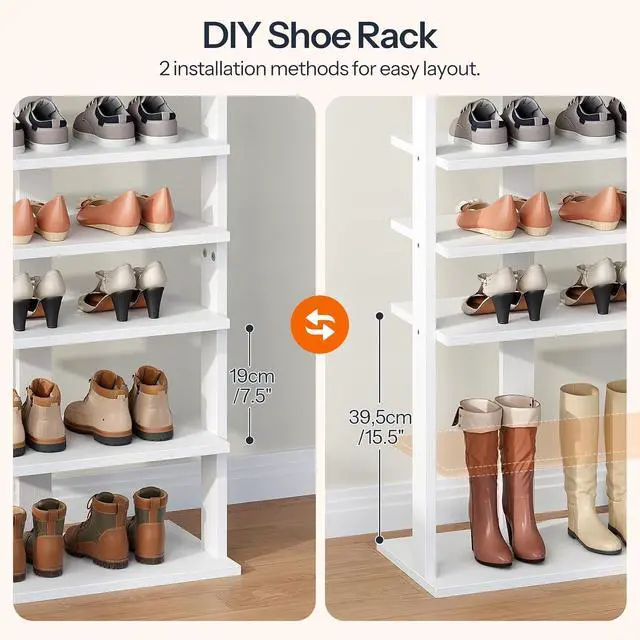 Alt view image 7 of 7 - 10 Tiers Vertical Shoe Rack, Wooden Shoe Storage Organizer with Hooks, Narrow Shoe Tower for 20 Pairs, Space Saving, for Entryway, Living Room, Bedroom, White WT140XJ01