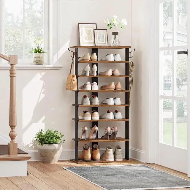Alt view image 5 of 7 - 8 Tiers Vertical Shoe Rack, Wooden Shoe Storage Organizer with Hooks, Narrow Shoe Tower for 16 Pairs, Space Saving, for Entryway, Living Room, Bedroom, Rustic Brown BF750XJ01