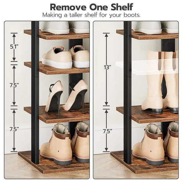 Alt view image 3 of 7 - 8 Tiers Vertical Shoe Rack, Wooden Shoe Storage Organizer with Hooks, Narrow Shoe Tower for 16 Pairs, Space Saving, for Entryway, Living Room, Bedroom, Rustic Brown BF750XJ01