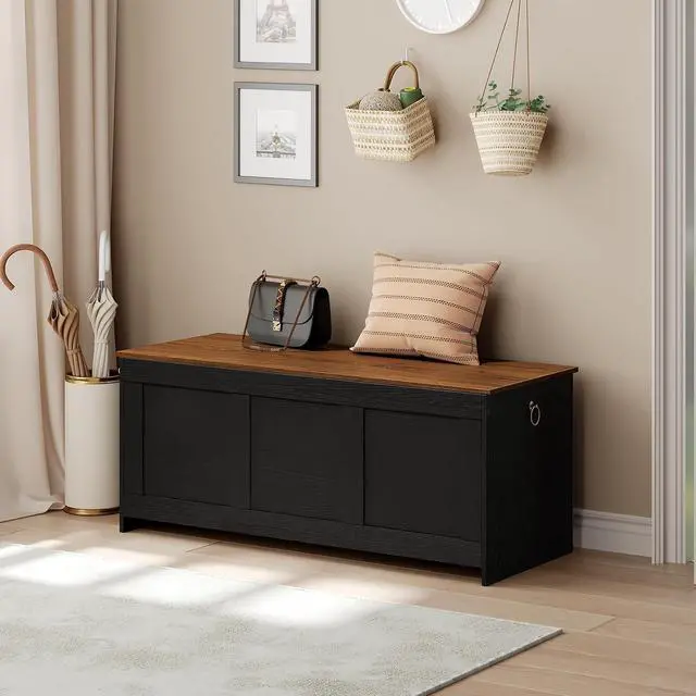 Alt view image 5 of 7 - Storage Bench, 47.2" Retro Wooden Storage Chest, Wooden Storage Trunk, Toy Chest with Lift Top, Multifunctional Entryway Organizer, for Entryway, Living Room, Black and Walnut BH412CW01