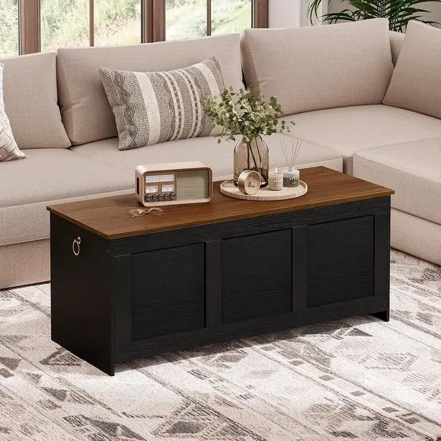 Alt view image 6 of 7 - Storage Bench, 47.2" Retro Wooden Storage Chest, Wooden Storage Trunk, Toy Chest with Lift Top, Multifunctional Entryway Organizer, for Entryway, Living Room, Black and Walnut BH412CW01