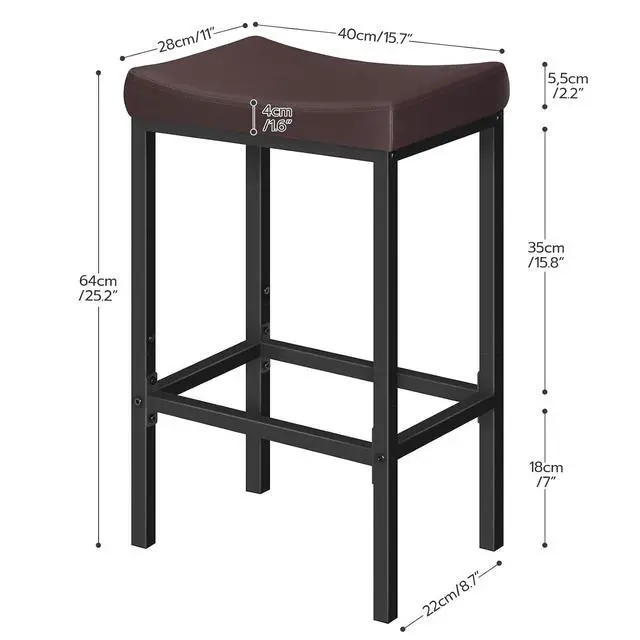 Alt view image 3 of 7 - Bar Chairs, Set of 4 Counter Height Saddle Stools with Curved Surface, 24.8 Inches, 2.4" Thick Upholstery, for Kitchen and Dining Room, Brown and Black BC10BYP401