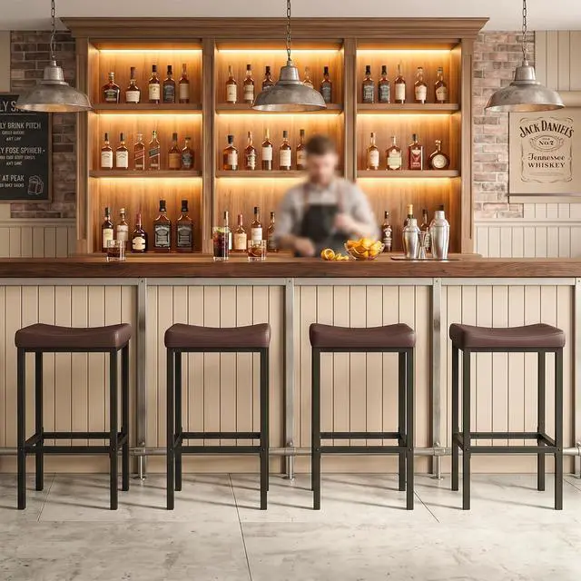 Alt view image 2 of 7 - Bar Chairs, Set of 4 Counter Height Saddle Stools with Curved Surface, 24.8 Inches, 2.4" Thick Upholstery, for Kitchen and Dining Room, Brown and Black BC10BYP401