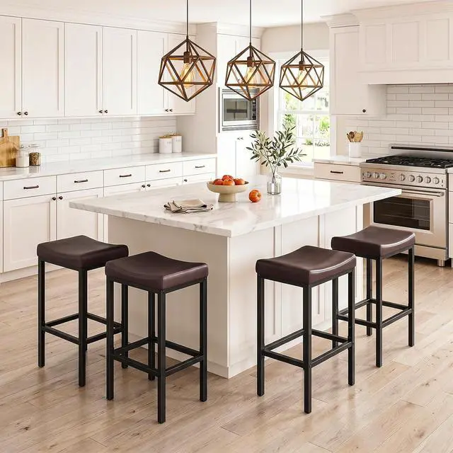 Alt view image 4 of 7 - Bar Chairs, Set of 4 Counter Height Saddle Stools with Curved Surface, 24.8 Inches, 2.4" Thick Upholstery, for Kitchen and Dining Room, Brown and Black BC10BYP401