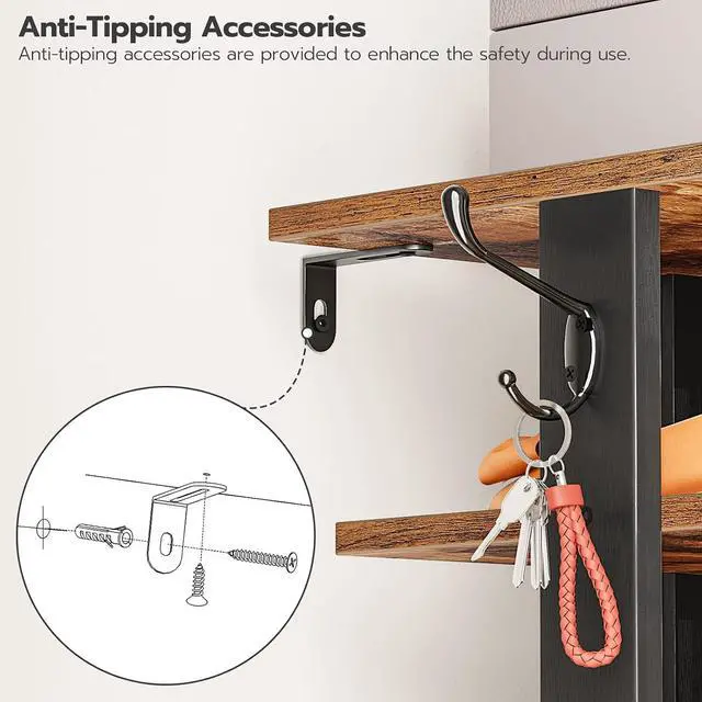 Alt view image 7 of 7 - 8 Tiers Vertical Shoe Rack, Wooden Shoe Storage Organizer with Hooks, Narrow Shoe Tower for 16 Pairs, Space Saving, for Entryway, Living Room, Bedroom, Rustic Brown BF750XJ01