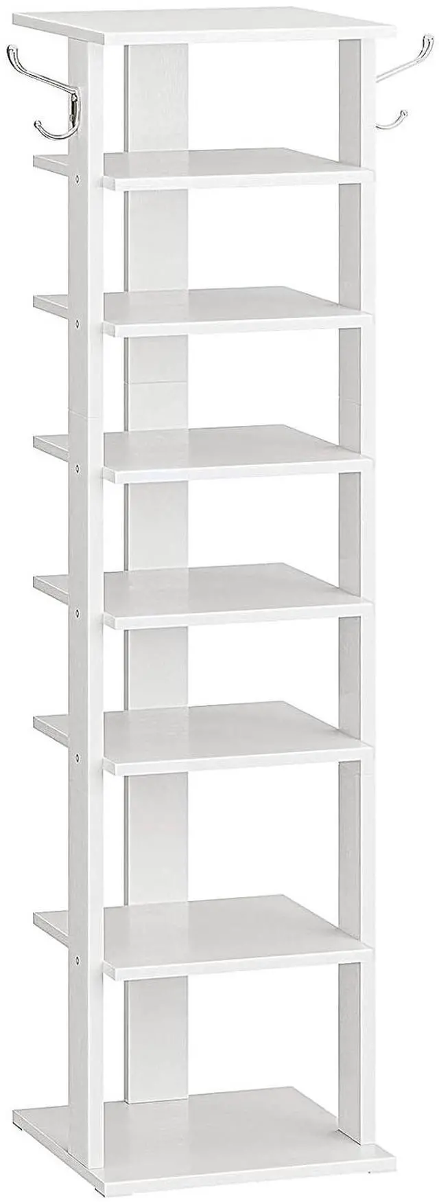 Main image of 8 Tiers Vertical Shoe Rack, Wooden Shoe Storage Organizer with Hooks, Narrow Shoe Tower for 8 Pairs, Space Saving, for Entryway, Living Room, Bedroom, White WT07XJ01G1