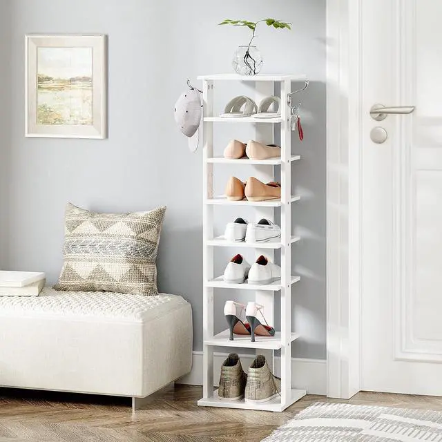 Alt view image 2 of 7 - 8 Tiers Vertical Shoe Rack, Wooden Shoe Storage Organizer with Hooks, Narrow Shoe Tower for 8 Pairs, Space Saving, for Entryway, Living Room, Bedroom, White WT07XJ01G1