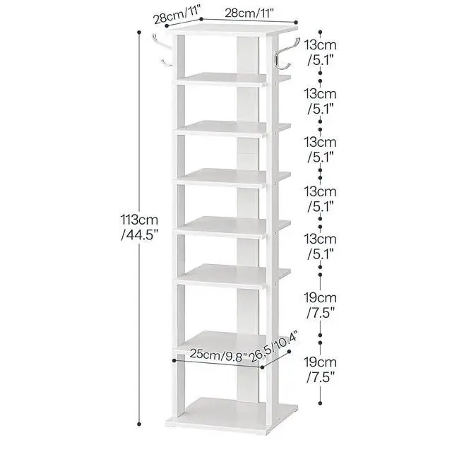 Alt view image 3 of 7 - 8 Tiers Vertical Shoe Rack, Wooden Shoe Storage Organizer with Hooks, Narrow Shoe Tower for 8 Pairs, Space Saving, for Entryway, Living Room, Bedroom, White WT07XJ01G1