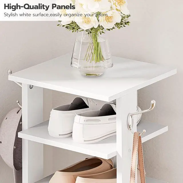 Alt view image 5 of 7 - 8 Tiers Vertical Shoe Rack, Wooden Shoe Storage Organizer with Hooks, Narrow Shoe Tower for 8 Pairs, Space Saving, for Entryway, Living Room, Bedroom, White WT07XJ01G1