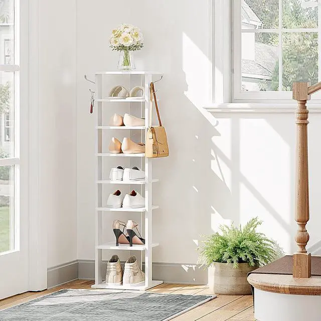 Alt view image 4 of 7 - 8 Tiers Vertical Shoe Rack, Wooden Shoe Storage Organizer with Hooks, Narrow Shoe Tower for 8 Pairs, Space Saving, for Entryway, Living Room, Bedroom, White WT07XJ01G1