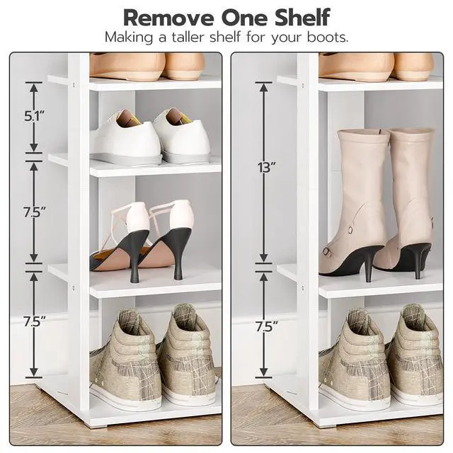 Alt view image 6 of 7 - 8 Tiers Vertical Shoe Rack, Wooden Shoe Storage Organizer with Hooks, Narrow Shoe Tower for 8 Pairs, Space Saving, for Entryway, Living Room, Bedroom, White WT07XJ01G1
