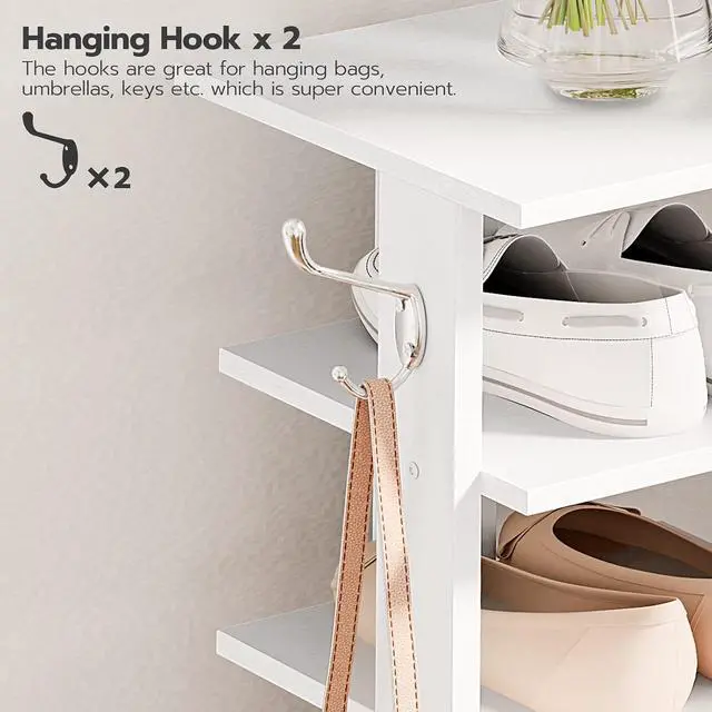 Alt view image 7 of 7 - 8 Tiers Vertical Shoe Rack, Wooden Shoe Storage Organizer with Hooks, Narrow Shoe Tower for 8 Pairs, Space Saving, for Entryway, Living Room, Bedroom, White WT07XJ01G1