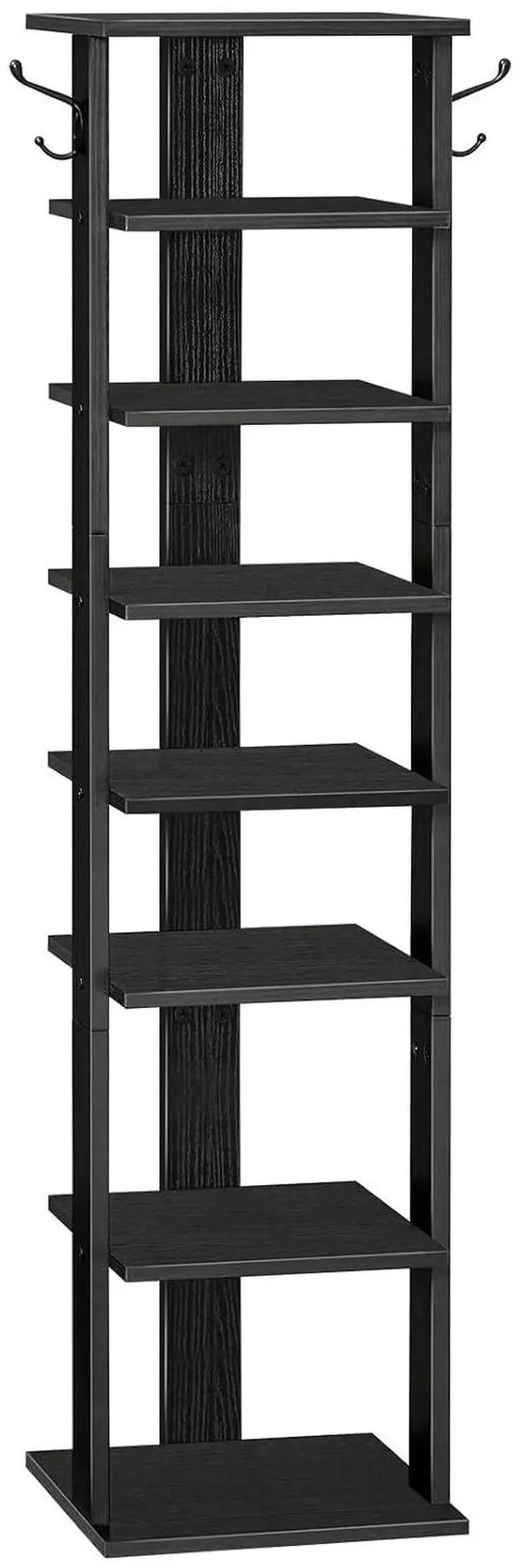 Main image of 8 Tiers Vertical Shoe Rack, Wooden Shoe Storage Organizer with Hooks, Narrow Shoe Tower for 8 Pairs, Space Saving, for Entryway, Living Room, Bedroom, Black BK07XJ01