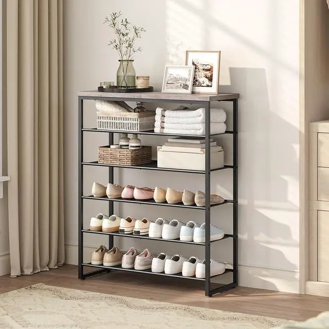 Alt view image 2 of 7 - Shoe Rack, 6-Tier Shoe Organizer, for 18-24 Pairs of Shoes, Large Capacity Shoe Storage Shelf, for Entryway, Closet, Hallway, Dorm Room, Industrial, Greige and Black BG67XJ01G1