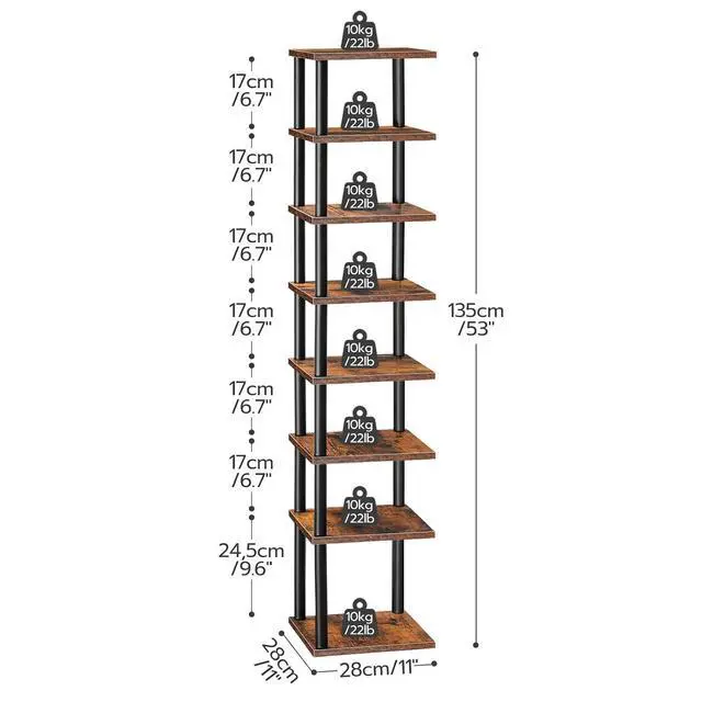 Alt view image 2 of 7 - Vertical Shoe Rack, 8-Tier Narrow Shoe Shelf, Shoe Storage Organizer for Small Space, 11" L x 11" W x 53" H, Closet, Entryway, Hallway, Bedroom, Rustic Brown and Black BF22XJ01