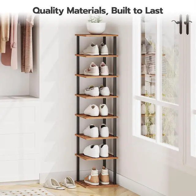 Alt view image 3 of 7 - Vertical Shoe Rack, 8-Tier Narrow Shoe Shelf, Shoe Storage Organizer for Small Space, 11" L x 11" W x 53" H, Closet, Entryway, Hallway, Bedroom, Rustic Brown and Black BF22XJ01