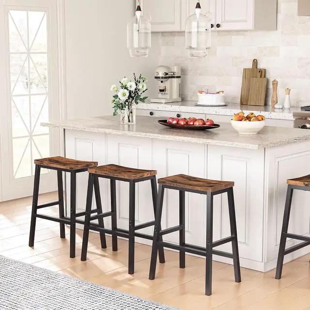 Alt view image 2 of 7 - Bar Stools, Set of 2 Bar Chairs, 23.6 Inch Saddle Stools, Kitchen Counter Seat with Footrests, Industrial Barstools for Dining Room, Kitchen, Counter, Rustic Brown and Black BF02MD01